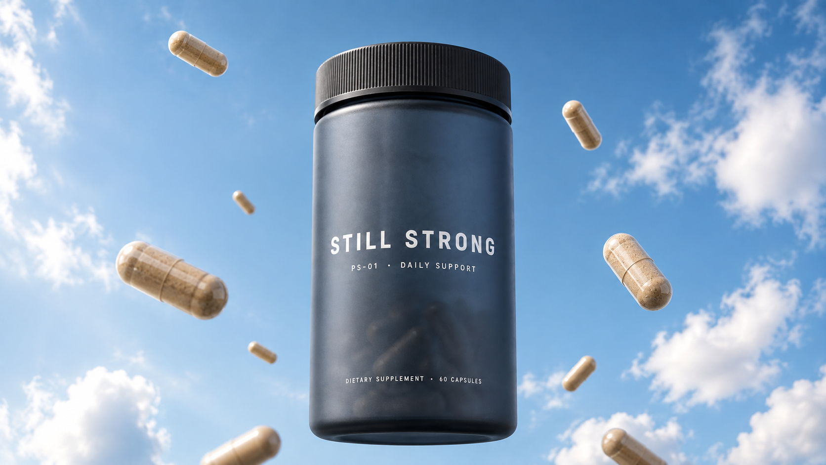 Still Strong bottle floating in a blue sky surrounded by capsules